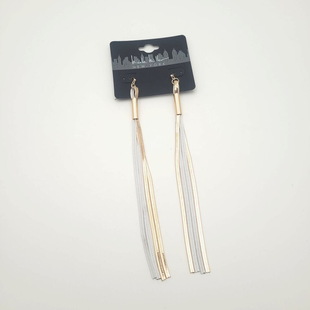 Nicole Miller 6" Long Tassle Linear Drop Dangle Earrings Gold Tones & White NWT